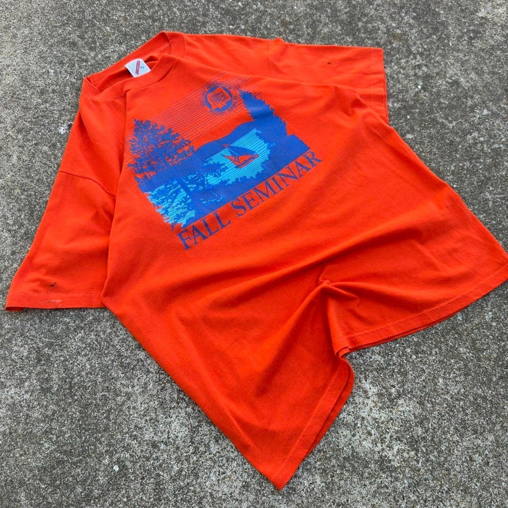 Vintage 80s Jerzees Fall Seminar Lake Nature Single Stitch Orange XL (d2) - Picture 2 of 8